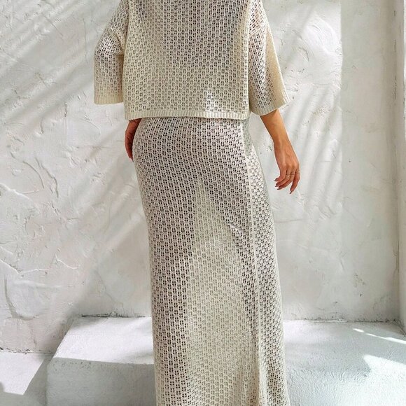 Beige Women's Shirt Blouse And Skirt Two Piece Outfit Cover Up Set - Picture 3 of 6